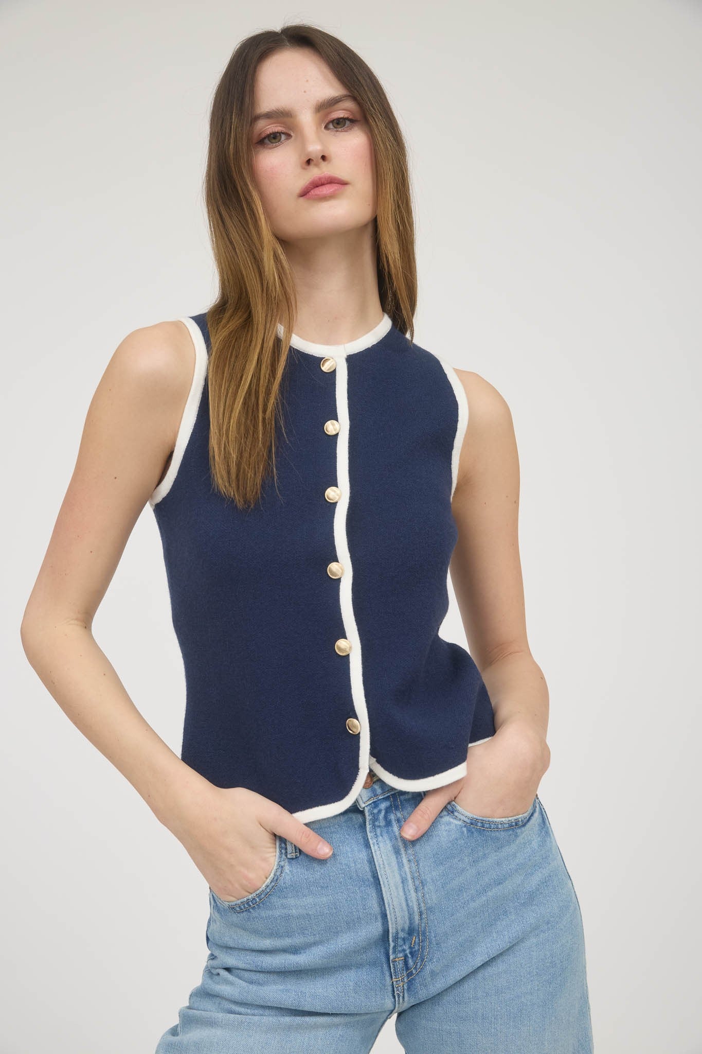 GOLD BUTTON NAVY VEST