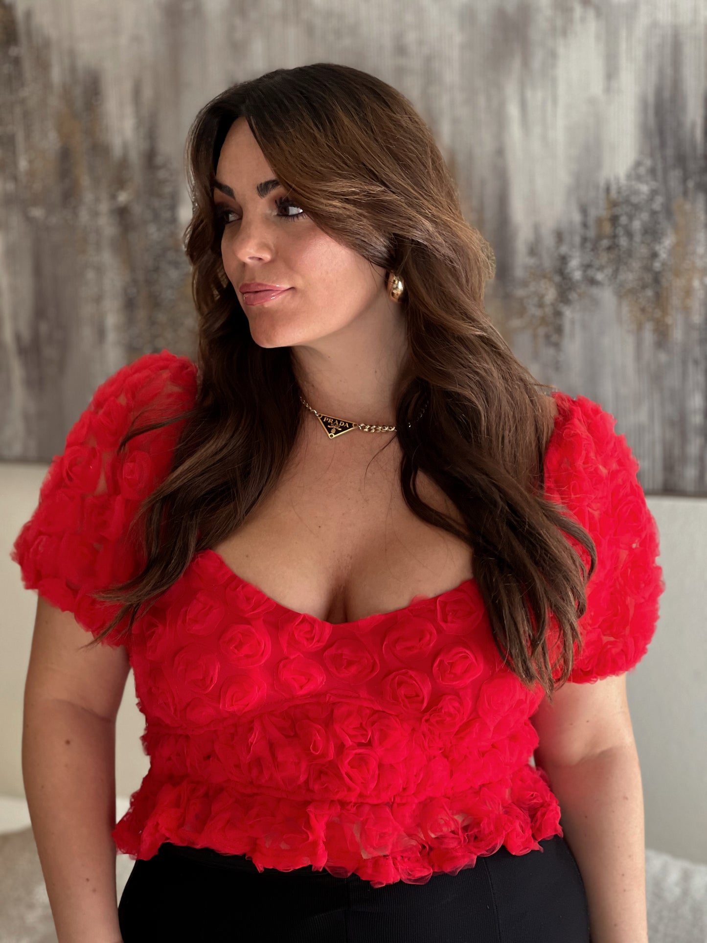 RED ROSETTE PUFF SLEEVE TOP