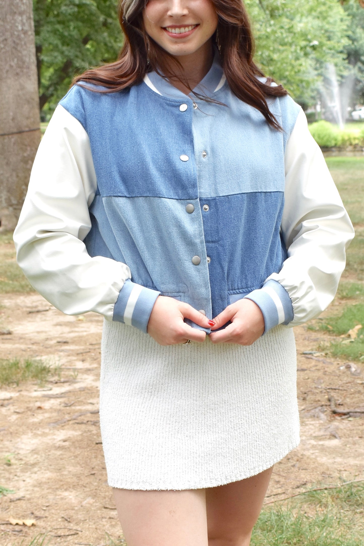 DENIM AND LEATHER BOMBER JACKET