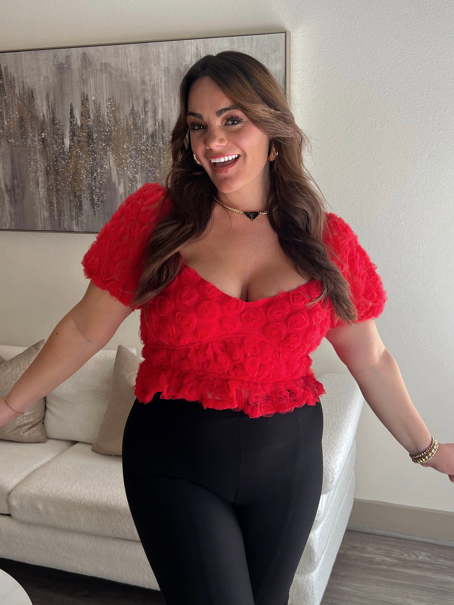 RED ROSETTE PUFF SLEEVE TOP