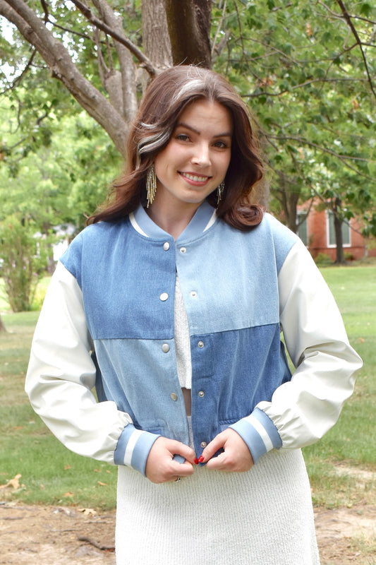 DENIM AND LEATHER BOMBER JACKET