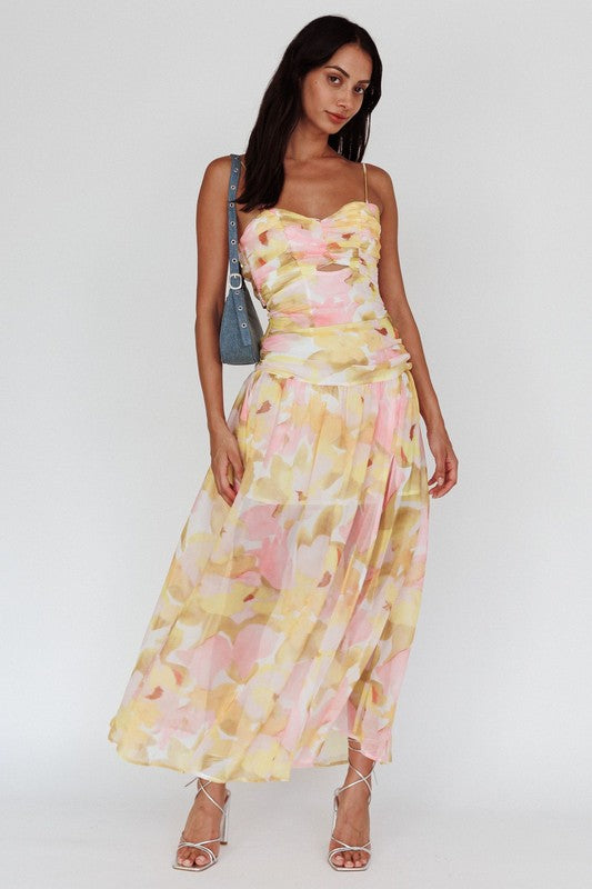 pink and yellow midi dress PINK AND YELLOW FLORAL MIDI DRESS L