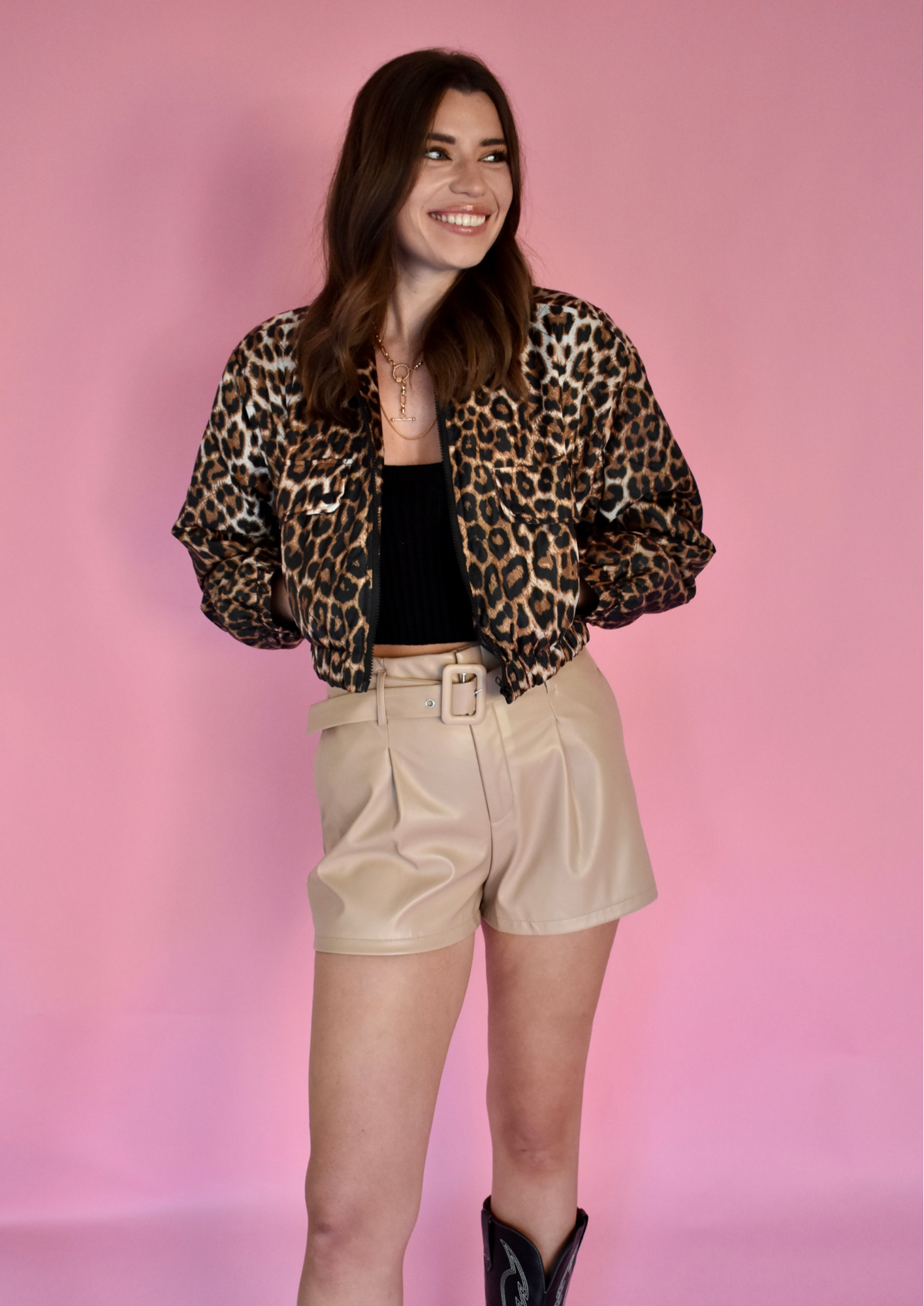 TAN BELTED LEATHER SHORTS