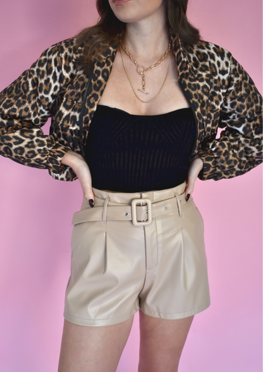 TAN BELTED LEATHER SHORTS