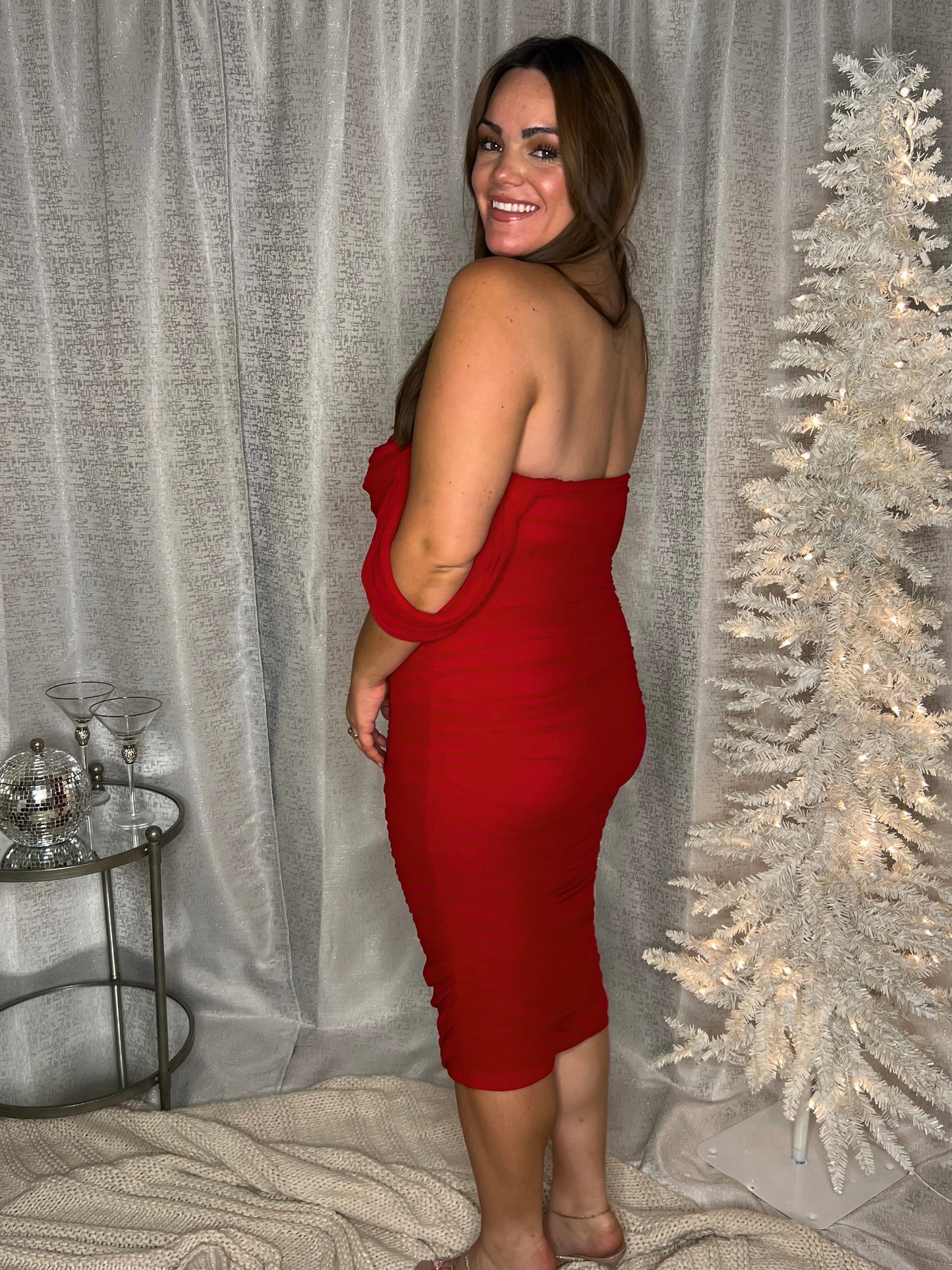 RED RUCHED MIDI DRESS