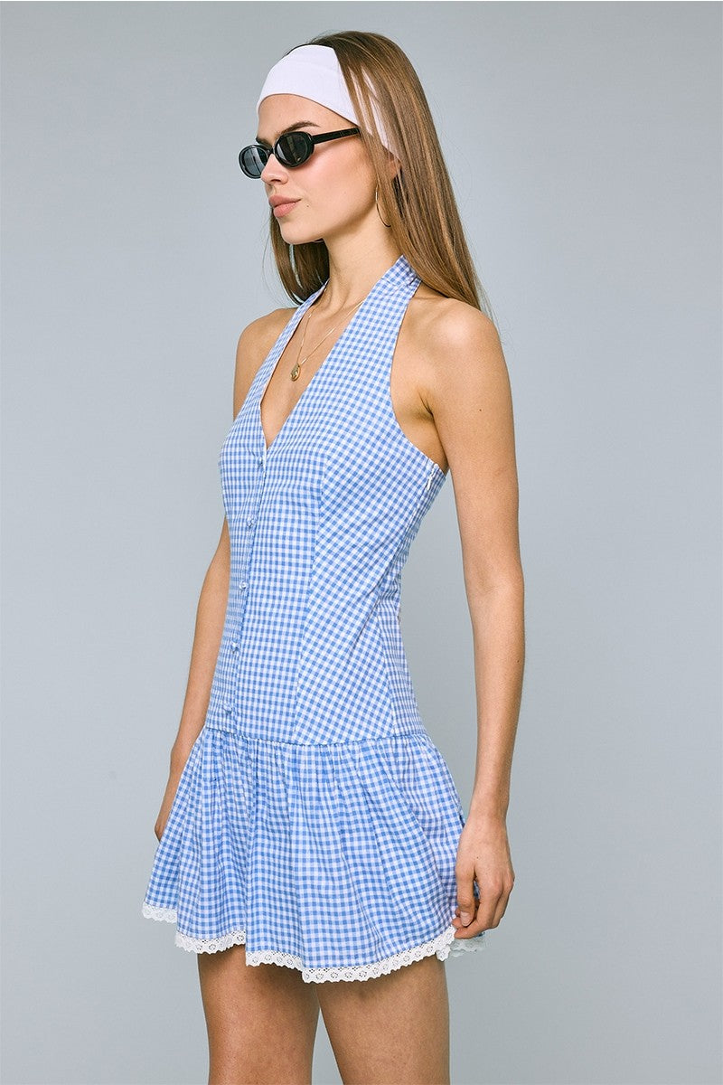 BLUE HALTER GINGHAM DRESS