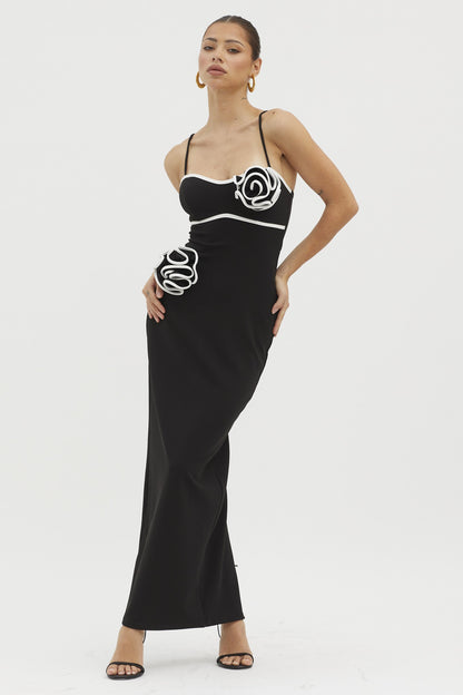 BLACK FLOWER MIDI DRESS