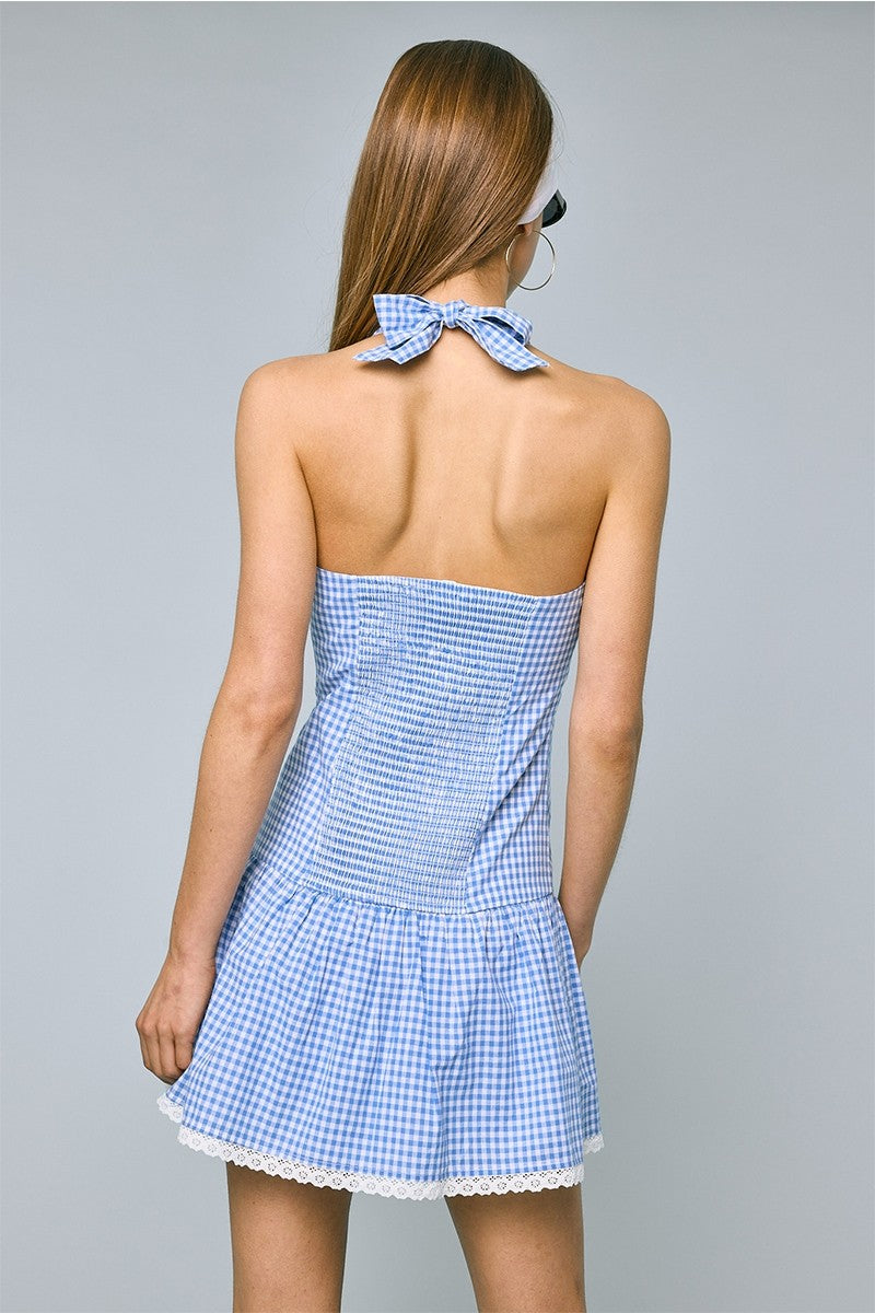 BLUE HALTER GINGHAM DRESS