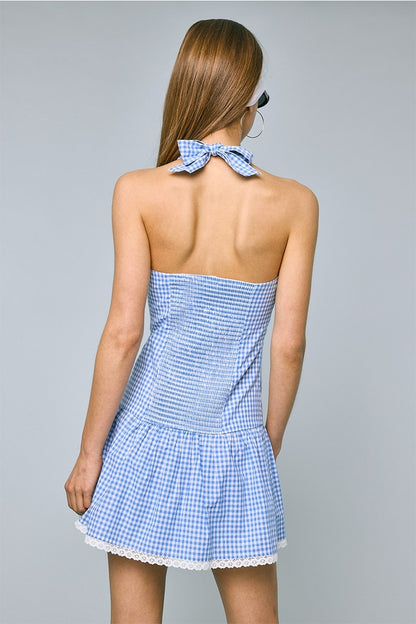 BLUE HALTER GINGHAM DRESS