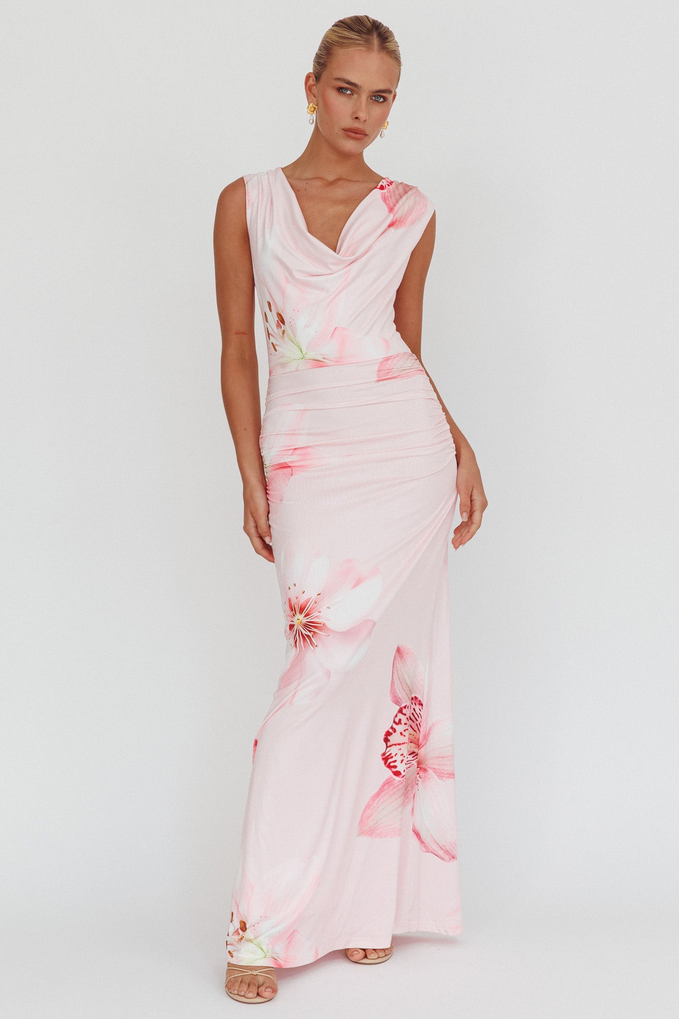 FLORAL COWL NECK MAXI DRESS