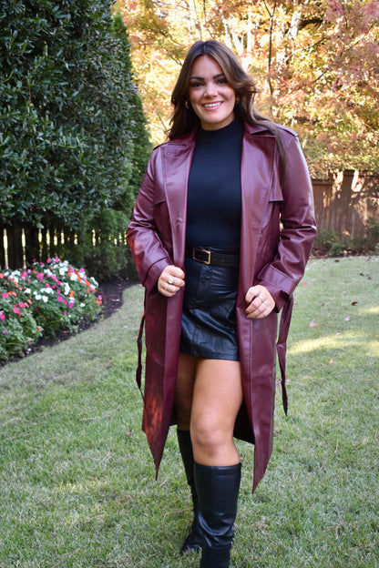 MAROON LEATHER TRENCH COAT