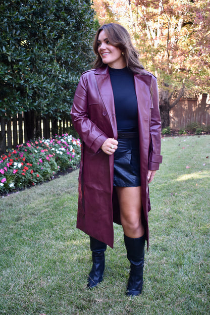 MAROON LEATHER TRENCH COAT