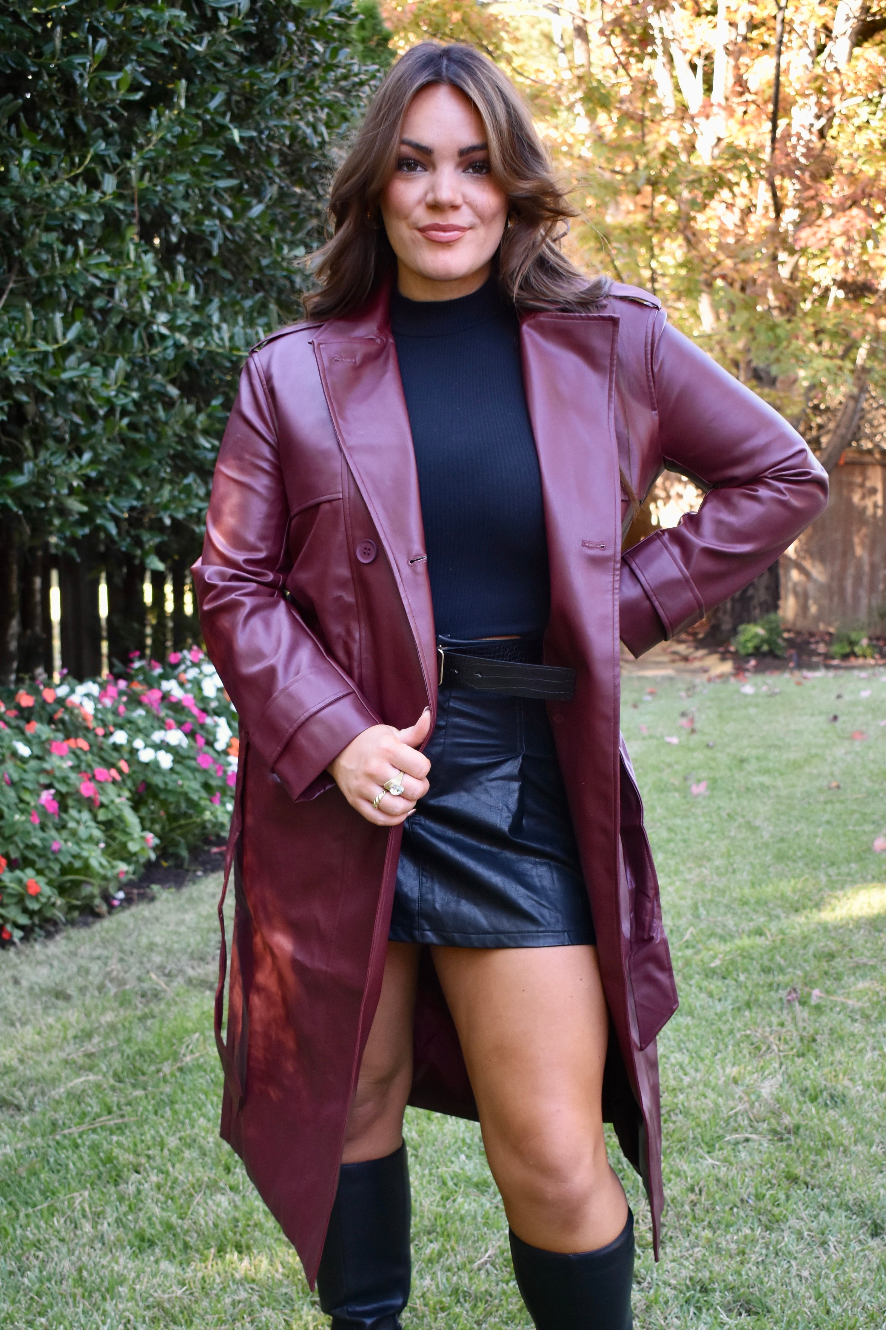 Burgundy leather 2024 trench coat