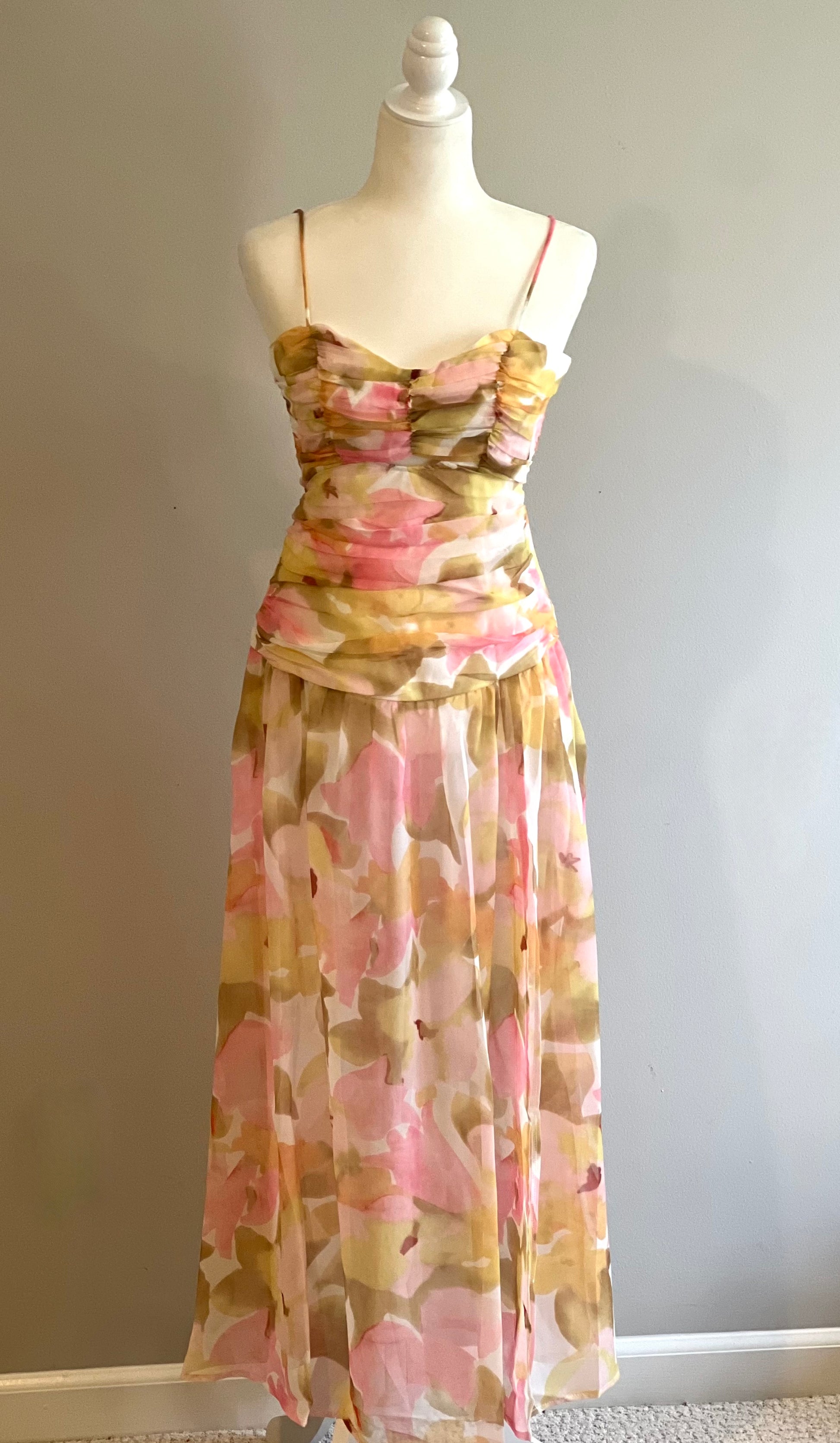 yellow and pink midi dress Zaina Yellow Pink Floral Print Lace Trim Linen Midi Dress