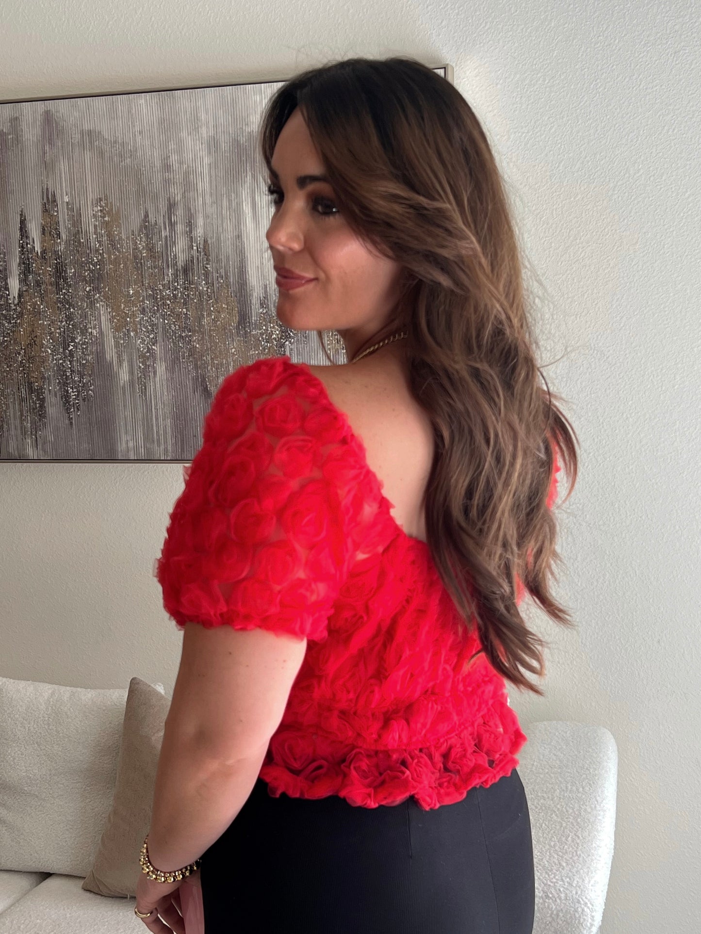 RED ROSETTE PUFF SLEEVE TOP