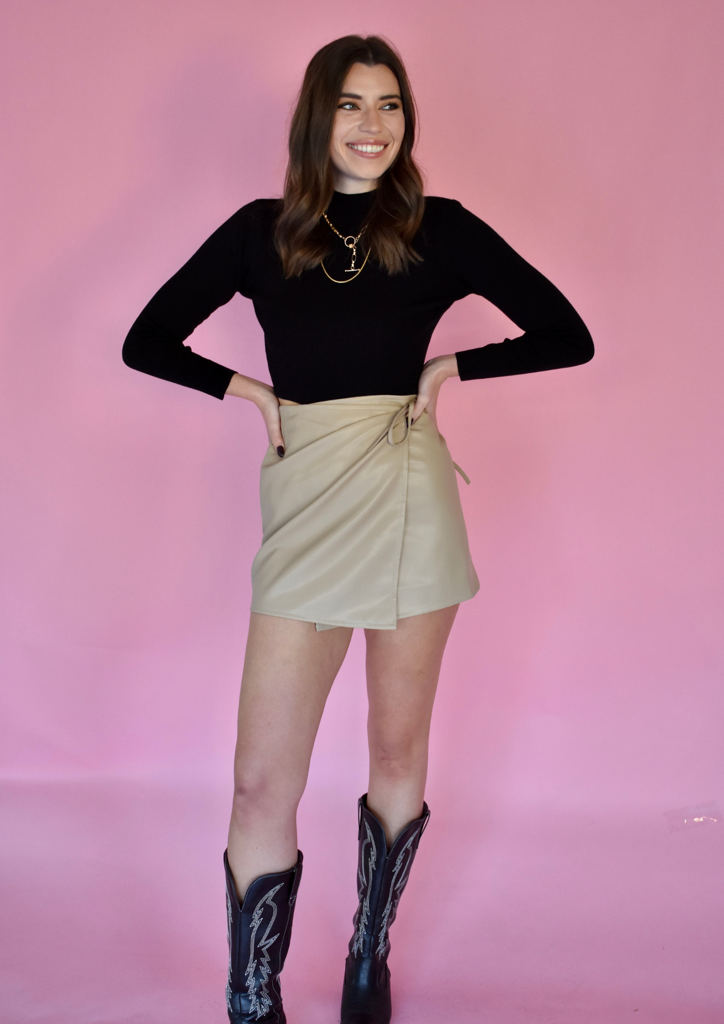 TAUPE WRAP LEATHER SKIRT