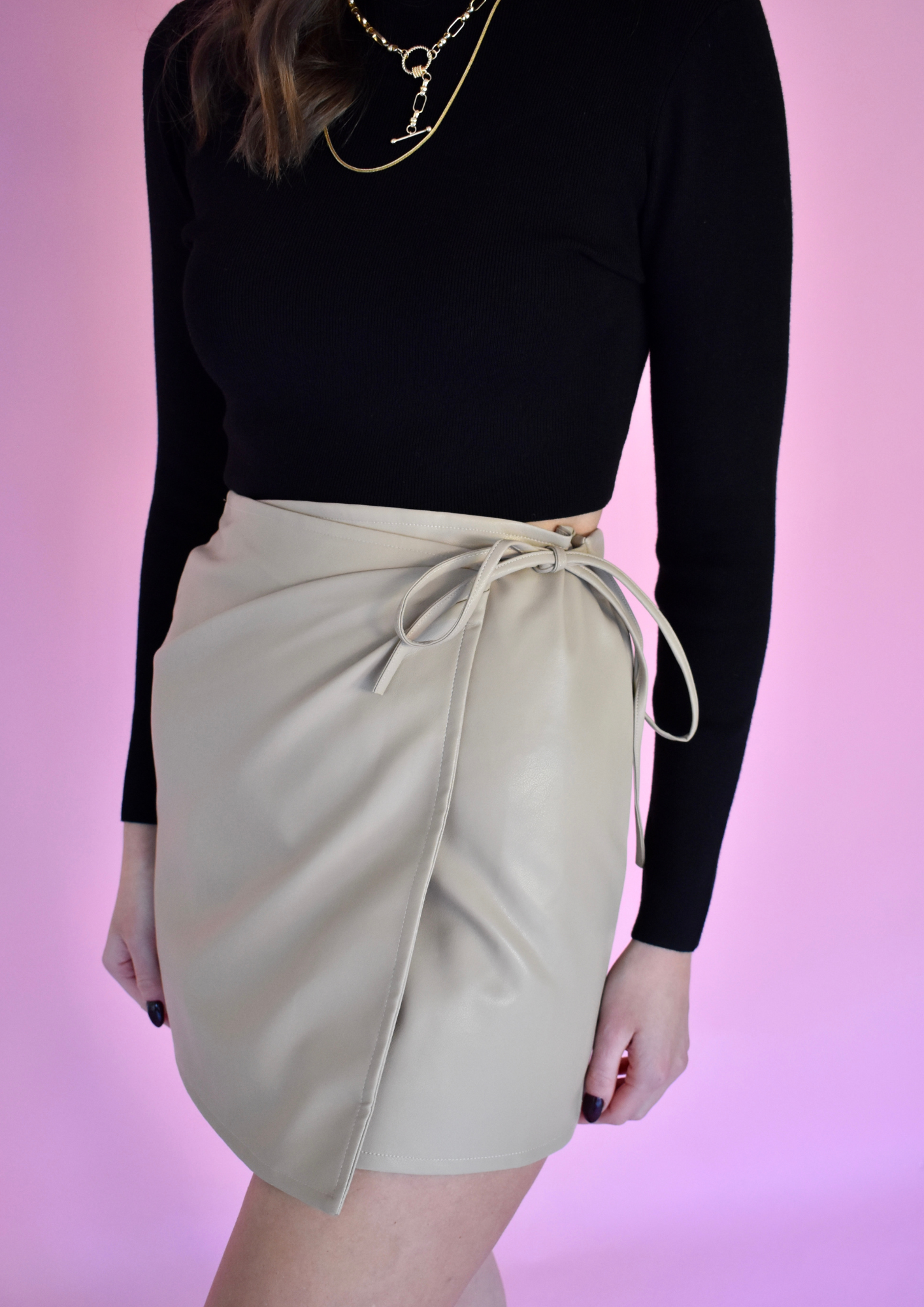 TAUPE WRAP LEATHER SKIRT