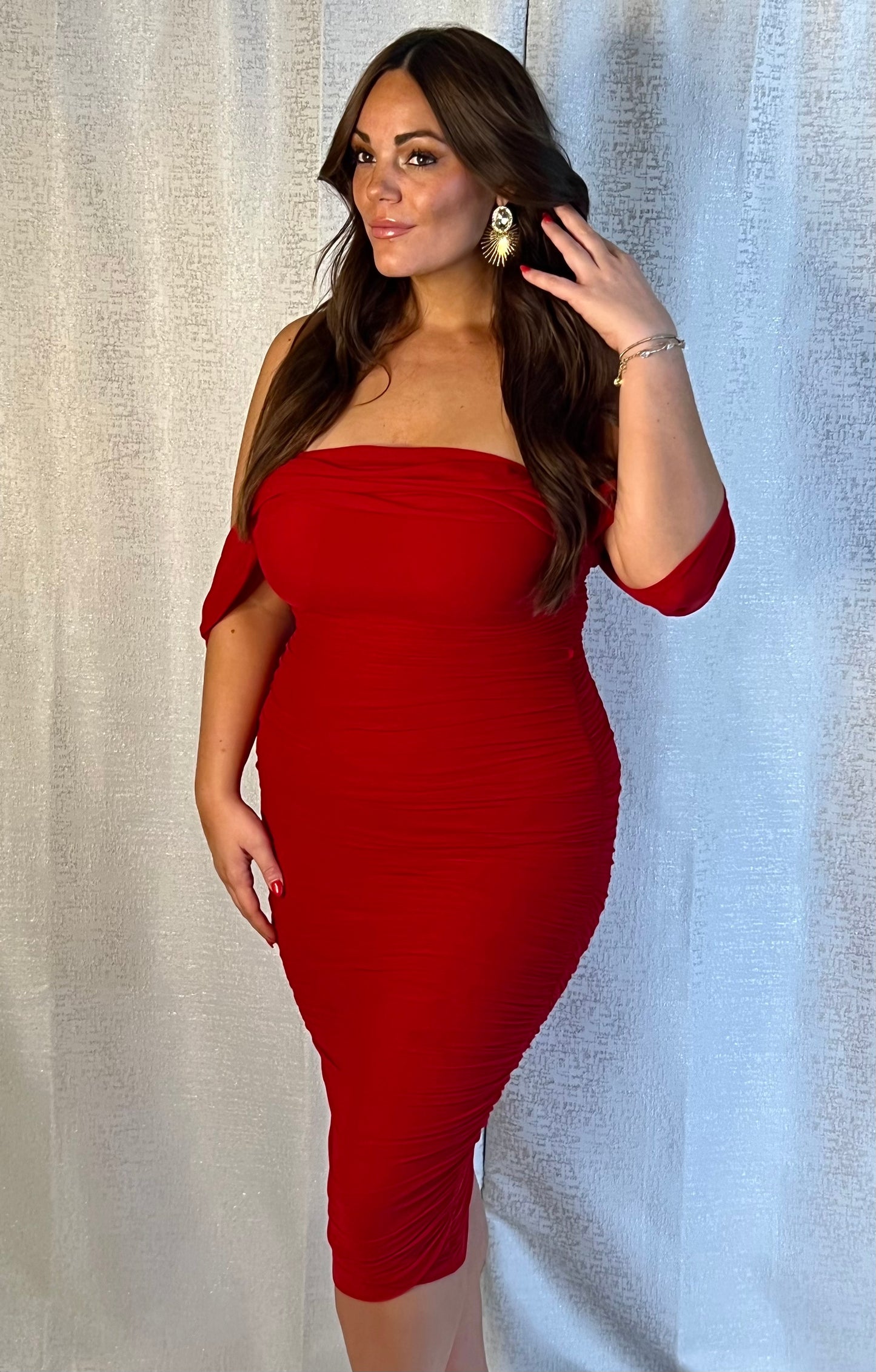RED RUCHED MIDI DRESS