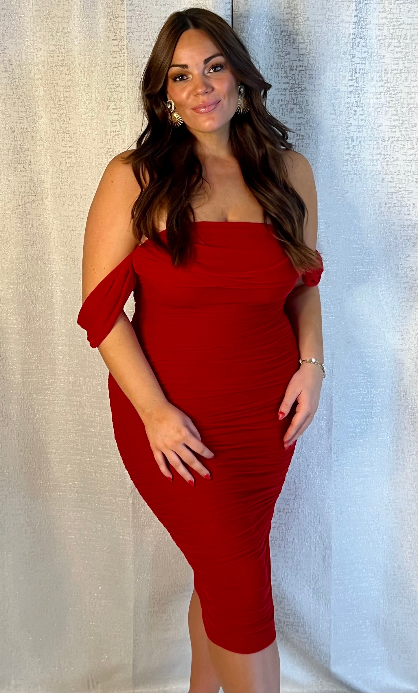RED RUCHED MIDI DRESS